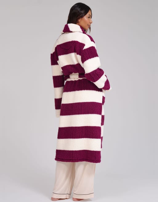 Loungeable Stripe cosy borg fleece midi shawl dressing gown in multi, 6 of 7