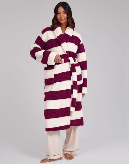Loungeable Stripe cosy borg fleece midi shawl dressing gown in multi, 7 of 7