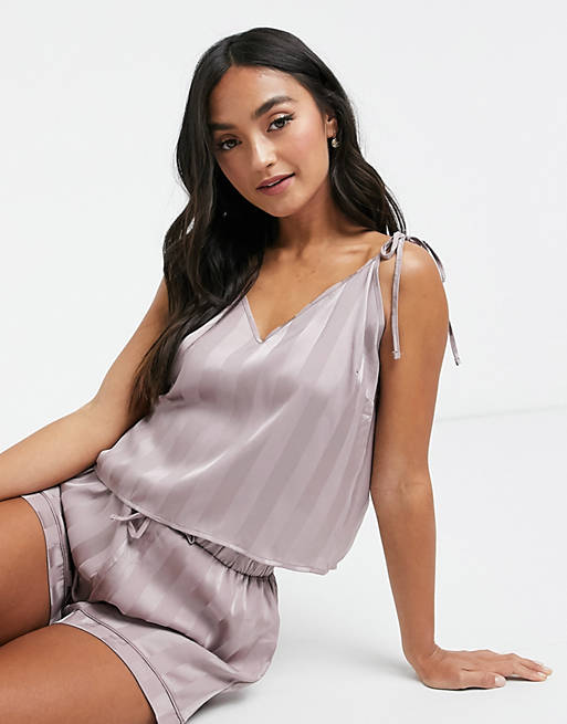 Loungeable stripe jacquard satin cami top in mink