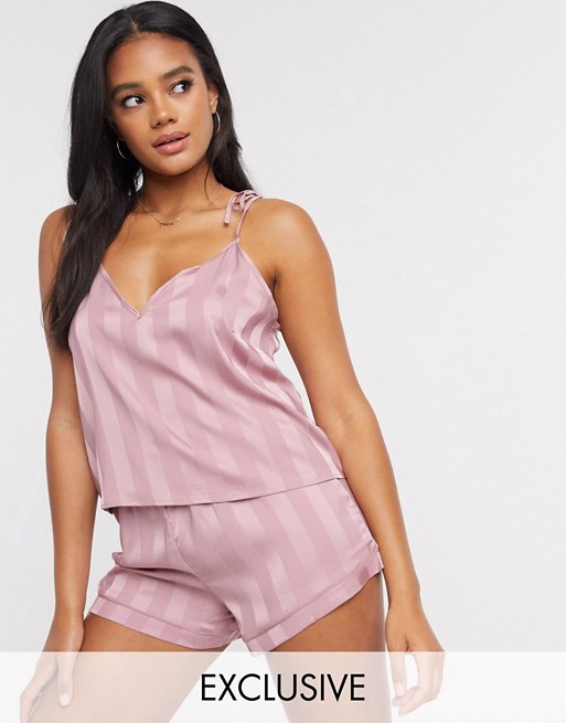 Loungeable stripe jacquard satin cami top in pink