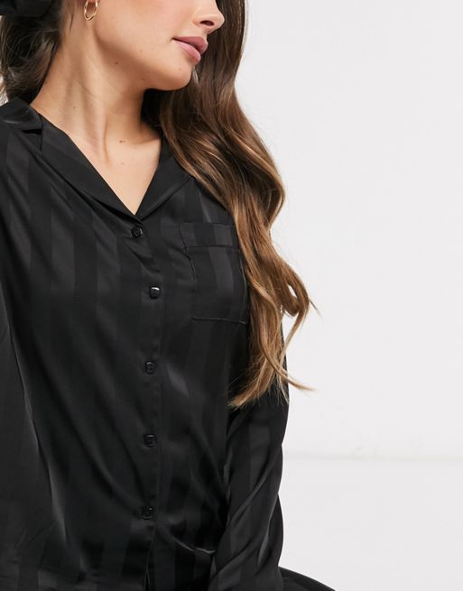 Loungeable stripe jacquard satin pajama top in black