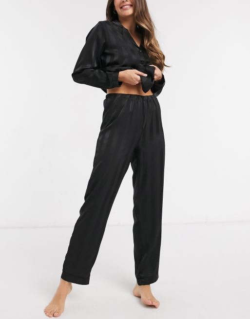 Loungeable stripe jacquard satin mix and match pajama set in black, 3 of 5