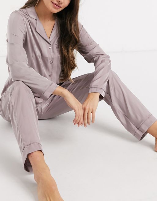 Loungeable stripe jacquard satin pajamas in mink