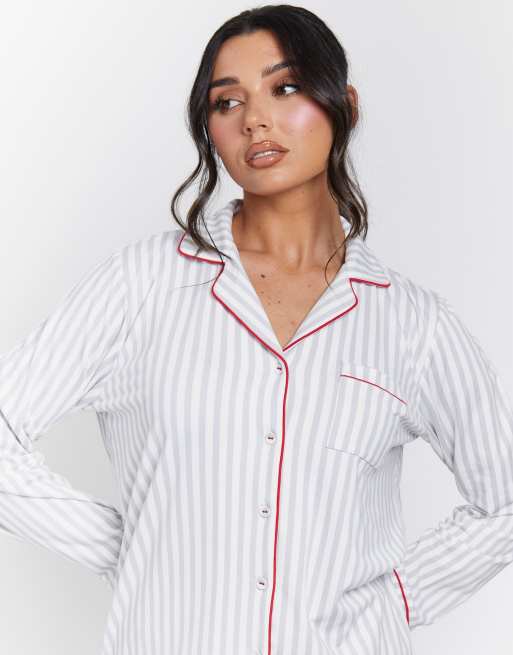 Loungeable stripe shirt and long pant pyjamas set in grey , 3 of 4