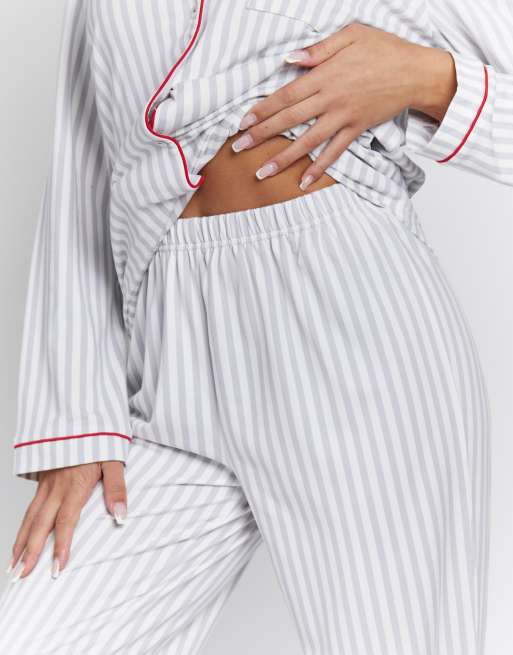 Loungeable stripe shirt and long pant pyjamas set in grey , 4 of 4