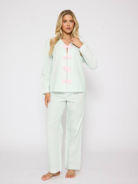 Loungeable striped long sleeved traditional pyjama set with bow detail in mint  - view 1