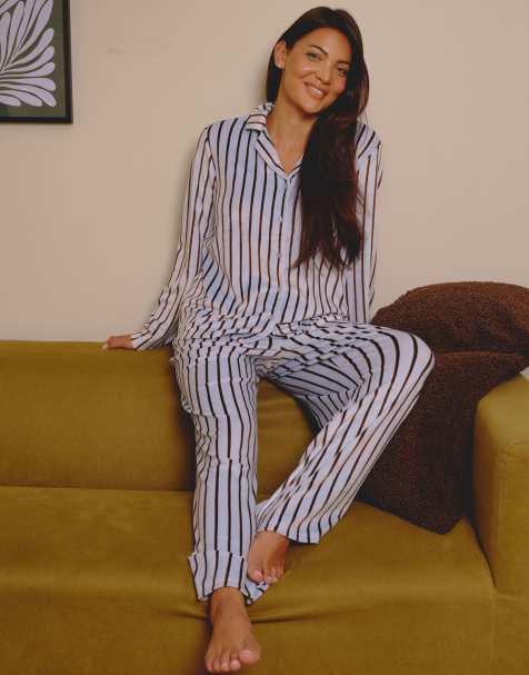 Loungeable Striped velour traditional pyjama set in blue - view 1
