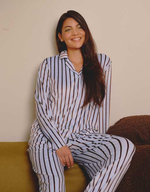 Loungeable Striped velour traditional pyjama set in blue, 2 of 7