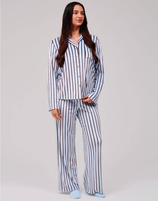 Loungeable Striped velour traditional pyjama set in blue, 3 of 7