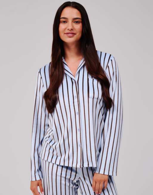 Loungeable Striped velour traditional pyjama set in blue, 4 of 7