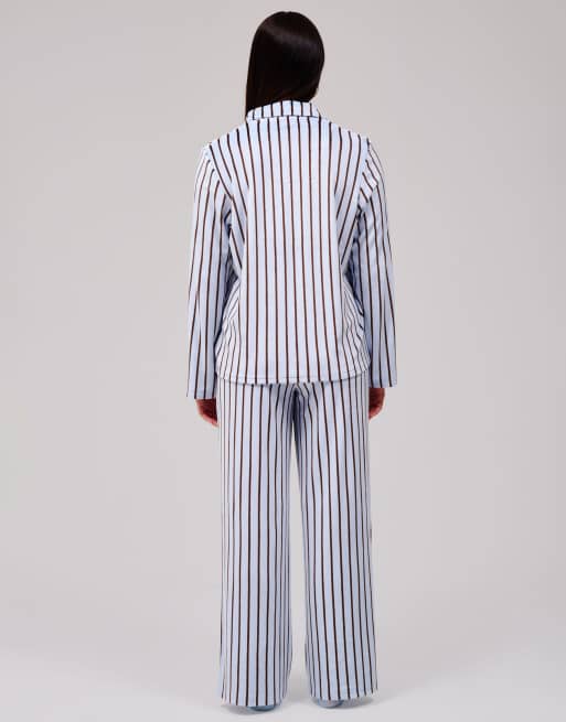 Loungeable Striped velour traditional pyjama set in blue, 7 of 7