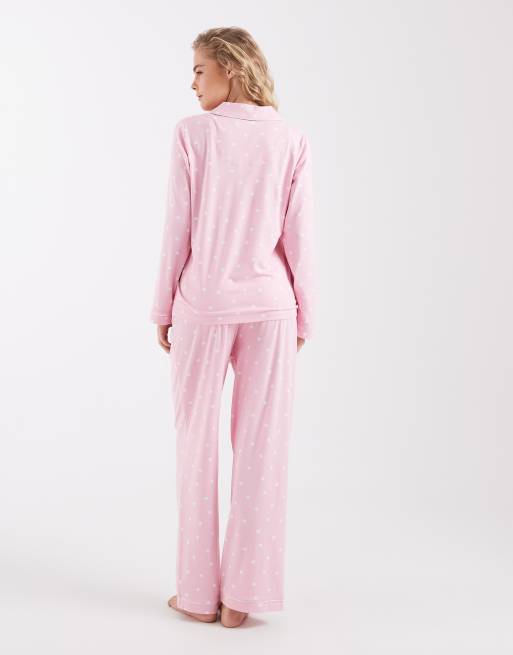 Loungeable super blød jersey-sæt med revers-top og bukser i pink polkaprikket, 3 af 4