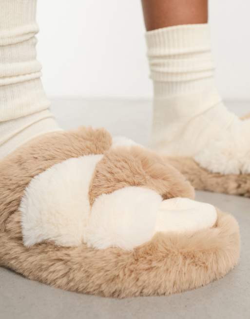 Loungeable super fluffy cross over slippers in chocolate brown ASOS