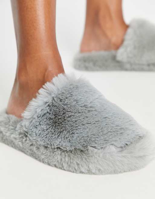 Grey fluffy mule slippers new arrivals