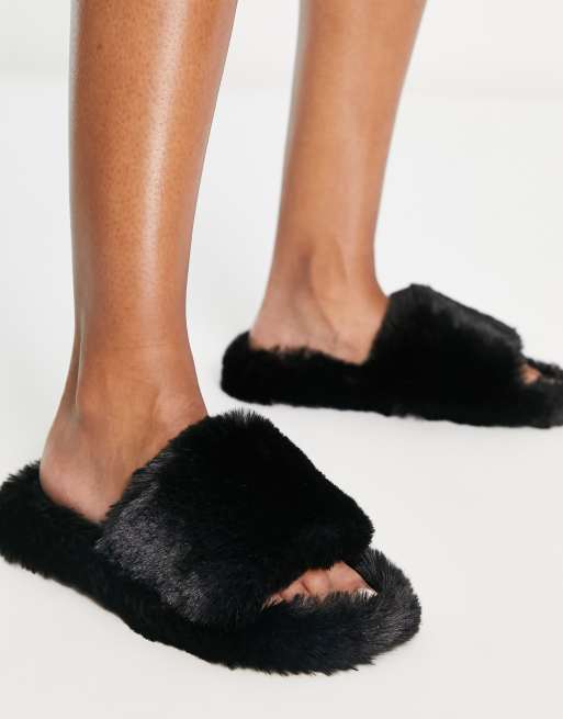 Fluffy slider slippers sales with strap