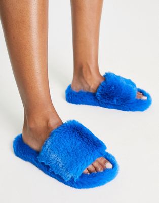 super fluffy slider slipper in cobalt-Blue
