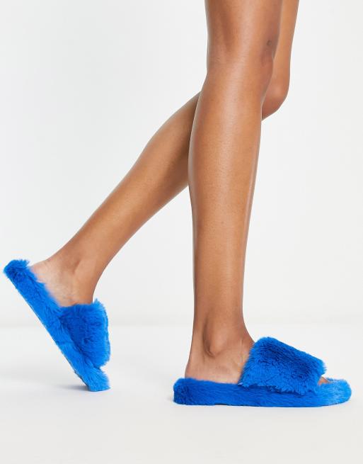 Loungeable super fluffy slider slipper in cobalt ASOS