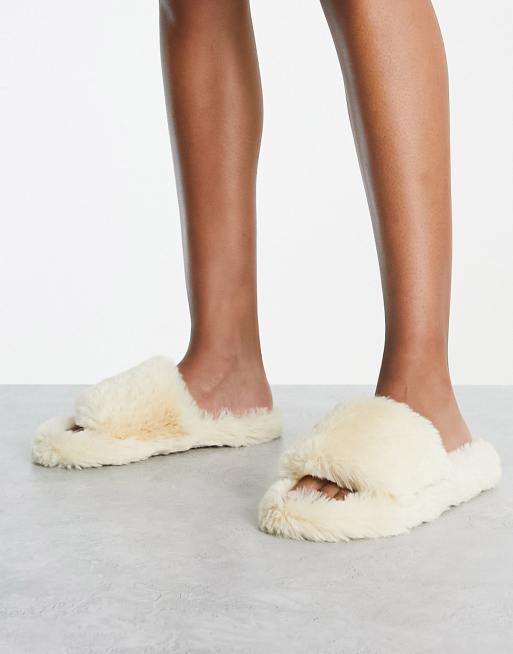 Cream fluffy best sale slider slippers