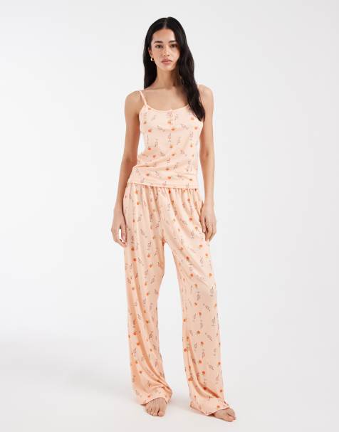 Loungeable super soft jersey cami and pants pajama set in orange print - view 1