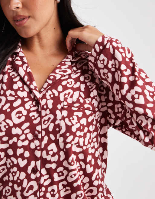Loungeable super soft jersey camp collar pajama set with piping detail in red leopard print, 2 of 4