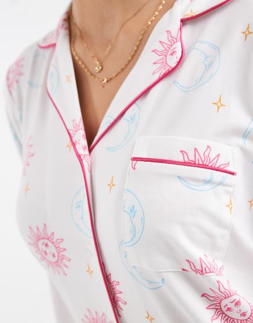 Loungeable super soft jersey camp collar top and wide leg pajama set in celestial multi, 3 of 4