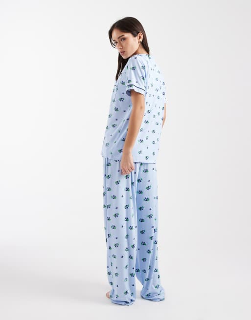 Loungeable super soft jersey camp collar top and wide leg pants pajama set in blueberry print, 3 of 4