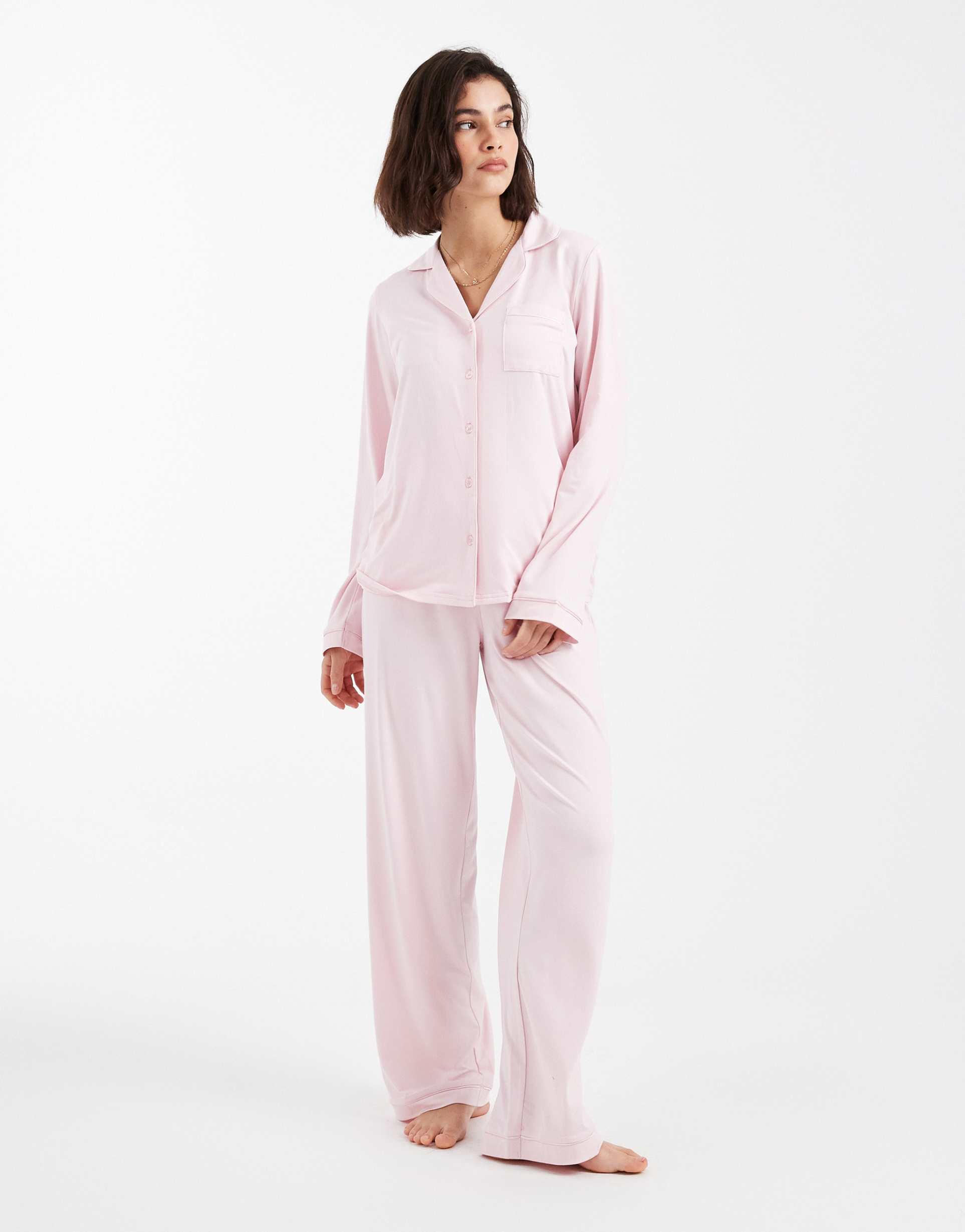 loungeable super soft jersey camp collar top and wide leg pants pajama set in pale pink
