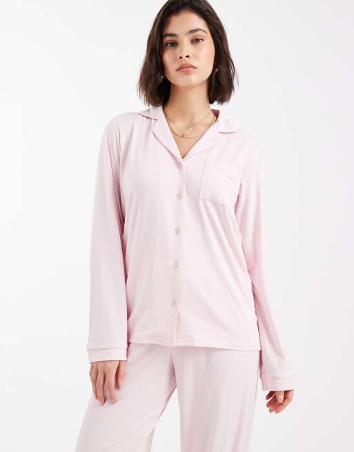 Loungeable super soft jersey camp collar top and wide leg pants pajama set in pale pink, 3 of 4