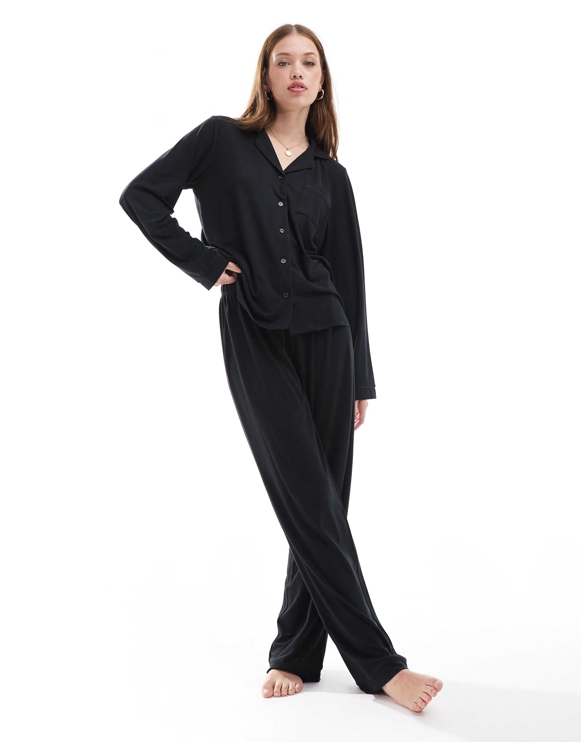 loungeable super soft jersey camp collar top and wide leg pants pajama set with piping detail in black