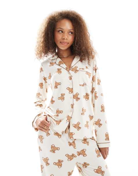 Loungeable super soft jersey camp collar top and wide leg pants pajama set with piping detail in teddy print - view 1