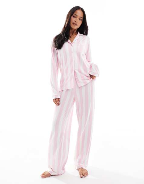 Loungeable super soft jersey camp collar top and wide leg pants pajama set with piping details in pink stripes - view 1