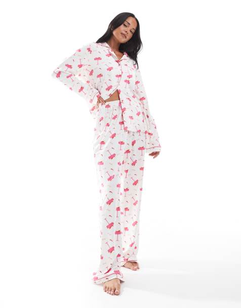 Loungeable super soft jersey pyjama revere top and wide leg pants set with piping detail in spicy marg print - view 1
