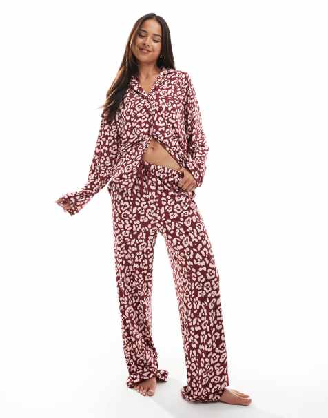 Loungeable super soft jersey revere pyjama set with piping detail in red leopard print - view 1