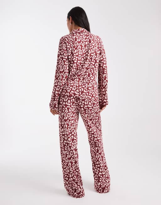 Loungeable super soft jersey revere pyjama set with piping detail in red leopard print, 3 of 4