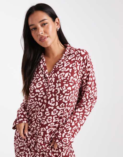 Loungeable super soft jersey revere pyjama set with piping detail in red leopard print, 4 of 4