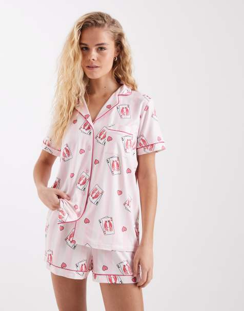 Loungeable super soft jersey revere top and short set in pink stripe playing card print - view 1