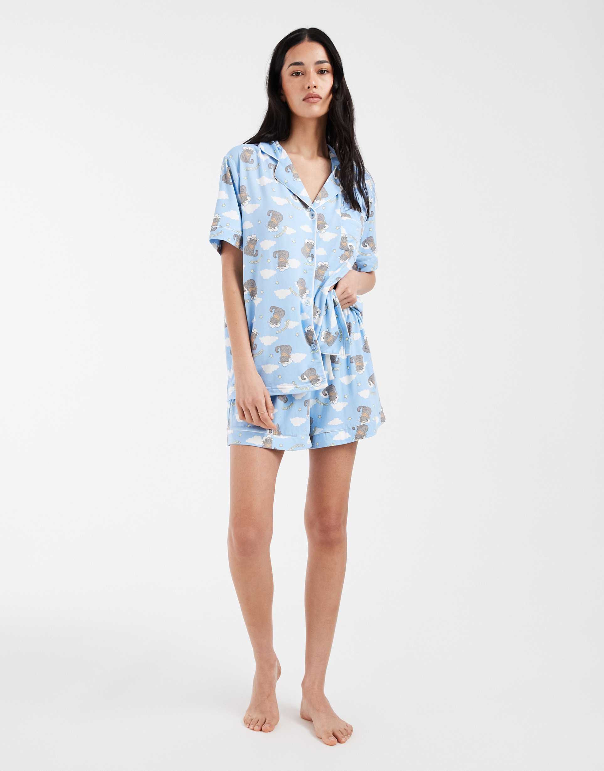 loungeable super soft jersey revere top and shorts set in howdy cat print