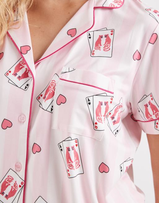 Loungeable super soft jersey revere top and shorts set in pink stripe playing card print, 2 of 4
