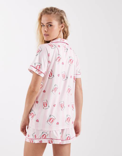 Loungeable super soft jersey revere top and shorts set in pink stripe playing card print, 4 of 4