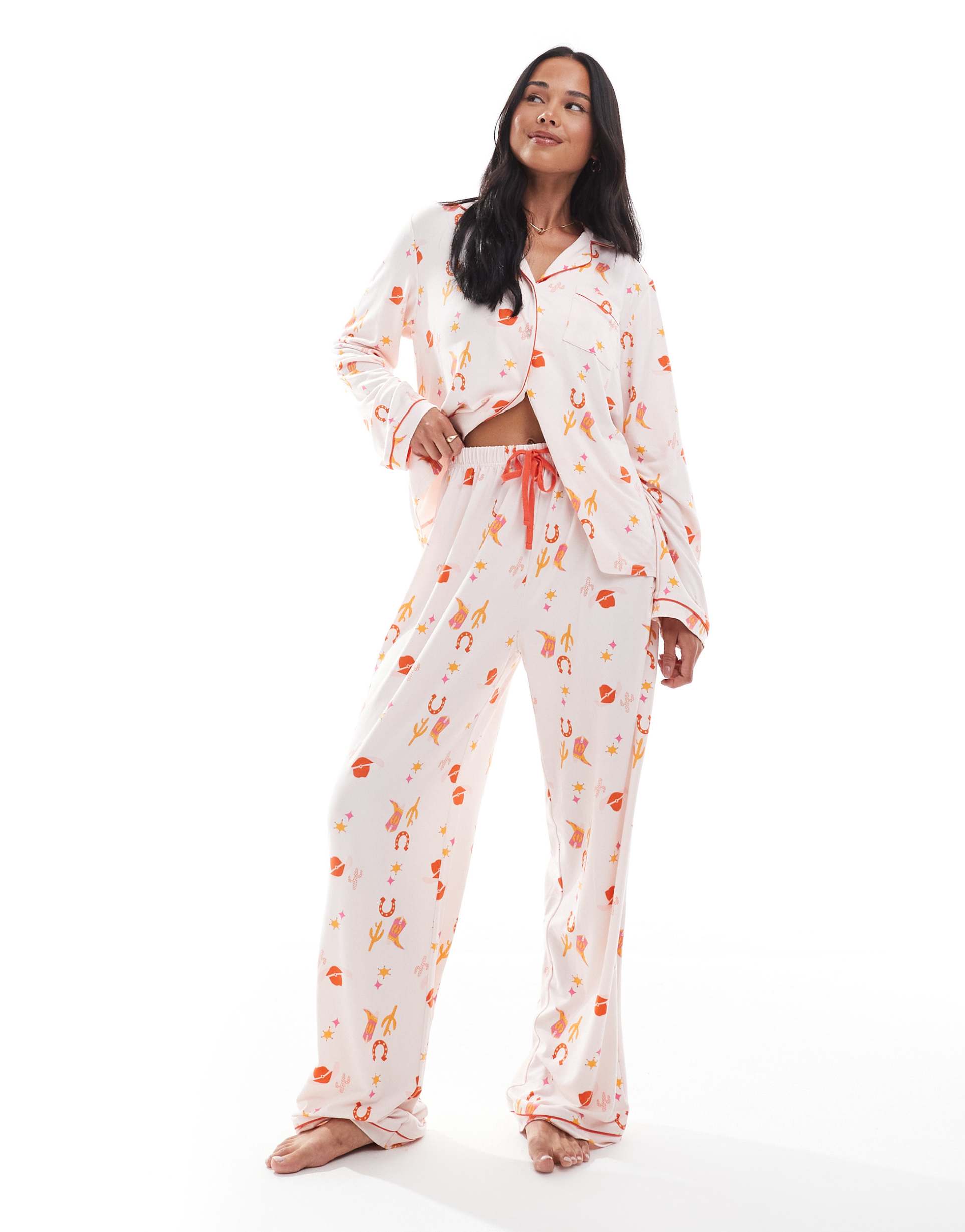 loungeable super soft jersey revere top and wide leg pajama set with piping detail in cactus cowboy print