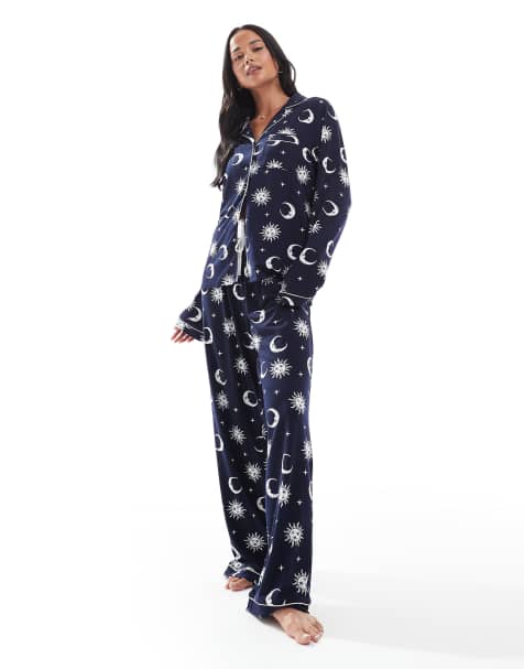 Loungeable super soft jersey revere top and wide leg pajama set with piping detail in navy celestial print - view 1