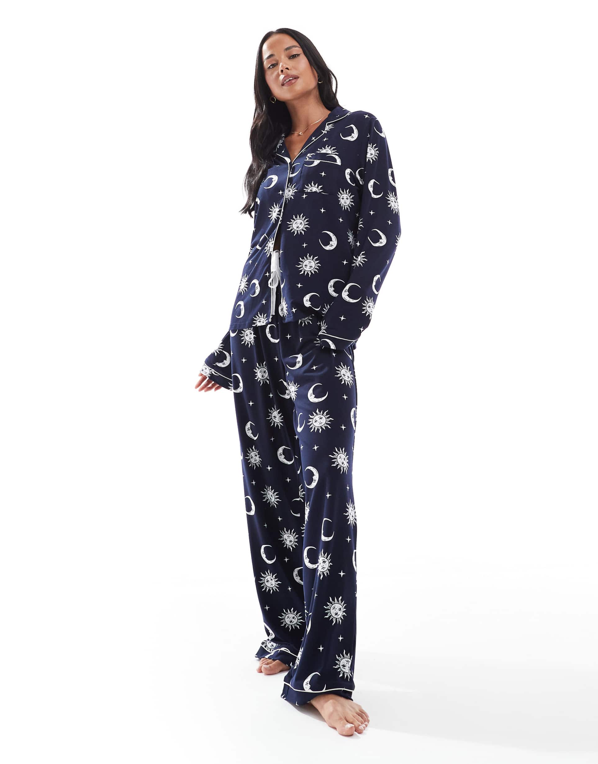 loungeable super soft jersey revere top and wide leg pajama set with piping detail in navy celestial print