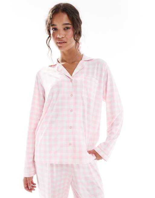 Loungeable super soft jersey revere top and wide leg pants pyjama set in pink gingham , 2 of 4