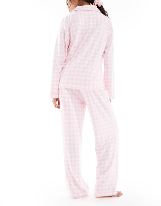 Loungeable super soft jersey revere top and wide leg pants pyjama set in pink gingham , 3 of 4