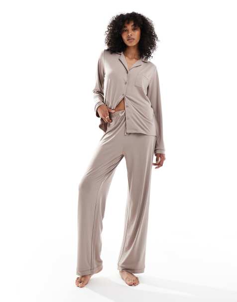 Loungeable super soft jersey revere top and wide leg pants pyjama set with piping detail in mink - view 1