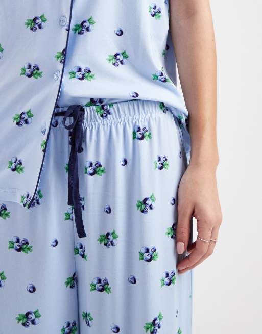 Loungeable super soft jersey revere top and wide leg pyjama set in blueberry print, 4 of 4