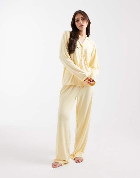 Loungeable super soft jersey revere top and wide leg pyjama set in butter yellow - view 1