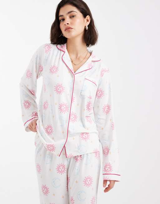 Loungeable super soft jersey revere top and wide leg pyjama set in celestial multi, 2 of 4