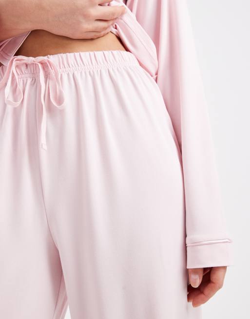 Loungeable super soft jersey revere top and wide leg pyjama set in pale pink, 2 of 4