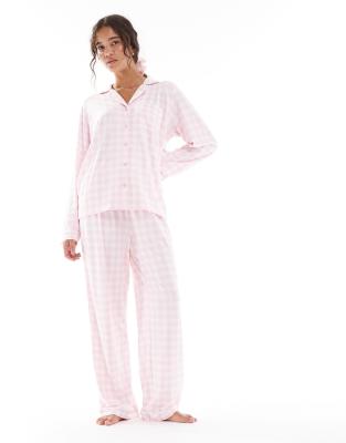 Loungeable Loungeable super soft jersey revere top and wide leg pyjama set in pink gingham
